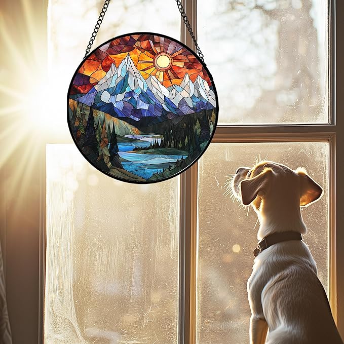 Stained Glass Window Hanging - Colorful Mountain Lake Landscape Sun Catcher for Door Garden Home Decor Suncatcher Christmas Mother's Day Birthday Gifts for Women Men Mom Nana 9.8 in