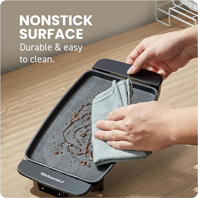 Elite Gourmet EGR8152 Electric 9.75" x 7" Personal Compact Griddle, Cool-touch Handles Non-Stick Surface, Removable/Adjustable Thermostat, Black