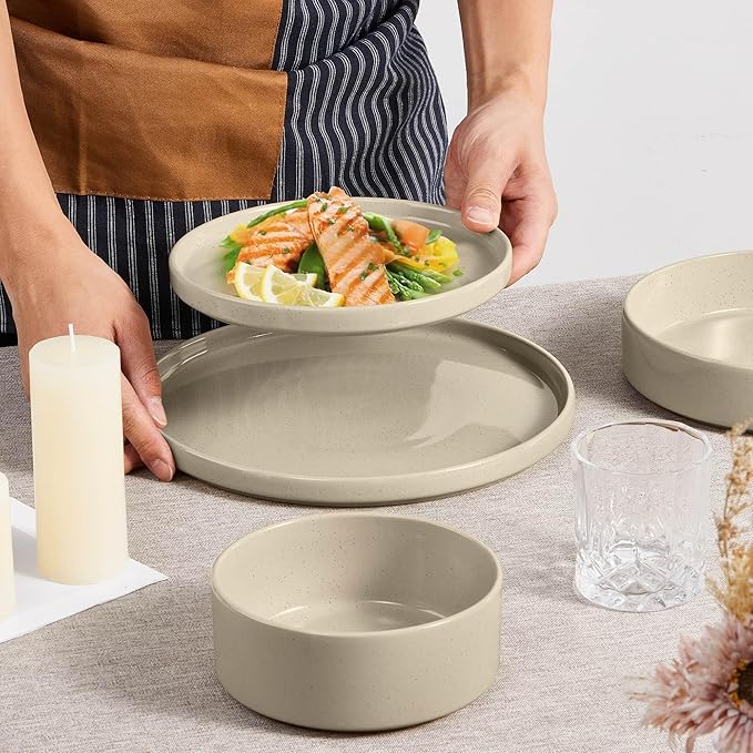 Herogo 8 Piece Dinnerware Sets with Double Bowls, Ceramic Dinner Dishware for 2, Stoneware Plate and Bowls Set for Kitchen Dining, Microwave & Dishwasher Safe, Speckled Khaki