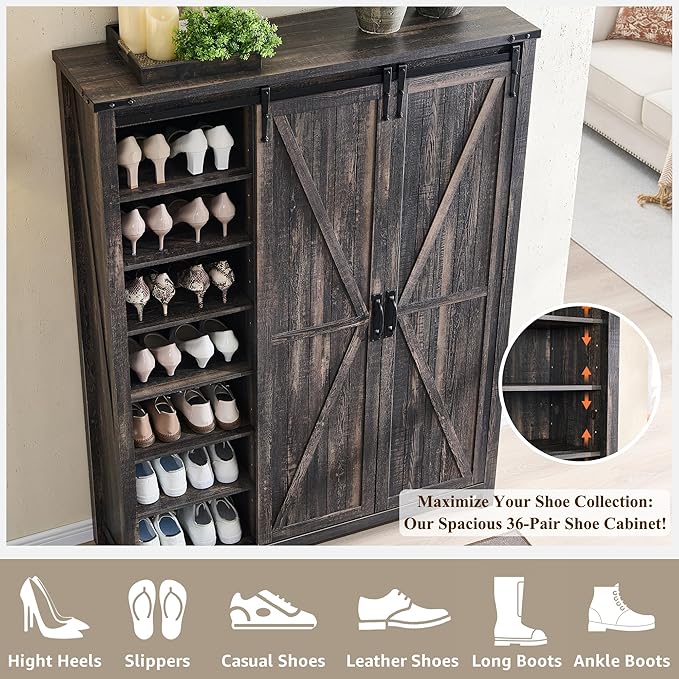 OKD Shoe Storage Cabinet with 2 Sliding Door, 7-Tier 62" Tall Farmhouse Entryway Shoe Organizer, Freestanding Rustic Hidden Shoe Rack Cabinet for Entryway, Dark Rustic Oak