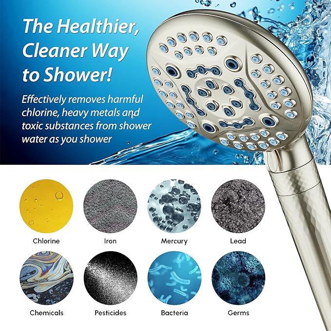 AquaCare 4X High Pressure 10-mode Filter Handheld Shower Head with Dual Power Wash - Clean Tub, Tile & Pets, Remove Chlorine, Metals & Toxins from Water to Protect Skin, Hair & Nails. Nickel Finish
