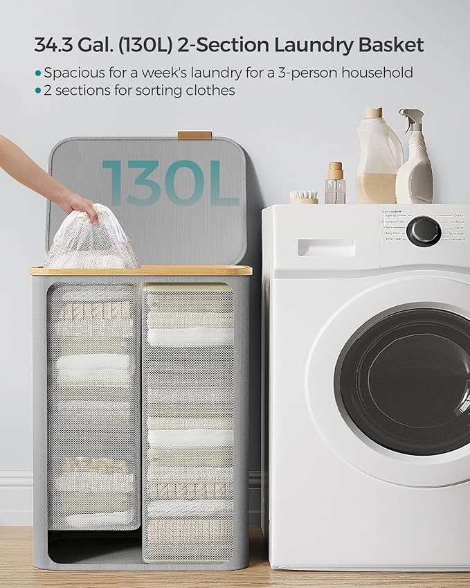 SONGMICS Laundry Hamper with Lid, 2-Section Large Laundry Basket, 34.3-gallon (130L), Removable Mesh Liner, Bamboo Handles, Collapsible, 20.5 x 15.2 x 27.8 Inches, Dove Gray ULCB513G01