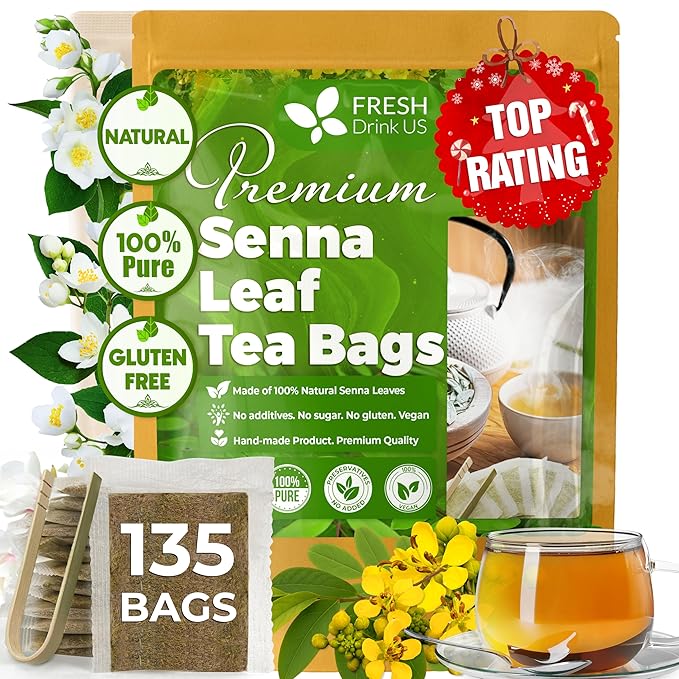 FreshDrinkUS, Premium 135 Senna Leaf Tea Bags for Constipation, Supports Your Cardiovascular System, 100% Natural & Pure. Loose Leaf Senna Herbal Tea, Made with Natural Material Tea Bags. Non GMO, No Sugar/ Caffeine/ Gluten, Vegan.