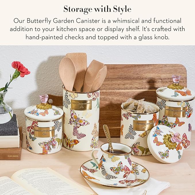 MACKENZIE-CHILDS Butterfly Garden Enamel Canister, Pretty Kitchen Storage Container with Lid, Small
