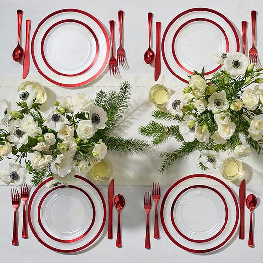 By Madee HEAVYWEIGHT 150 PC Christmas Plastic Plates and Cutlery | Clear and Red Christmas Dinnerware Set | Fancy Disposable Plates for Weddings, Birthdays & Holiday (25 Guests)