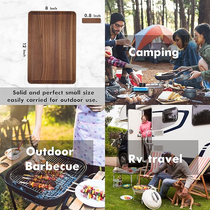 AZRHOM Walnut Wood Cutting Board, 12x8in Small Wooden Chopping Boards with Deep Juice Groove and Side Handle, Thick Butcher Block for Kitchen Meat Cheese Gift for Wife Mom Gift Box