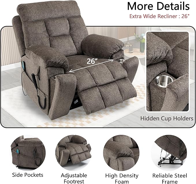 Dual Motor Power Lift Recliner Chair with Massage Heating for Adults Elderly, Electric Lift Chairs Lay Flat Recliners, Infinite Position, 2 Hidden Cup Holders