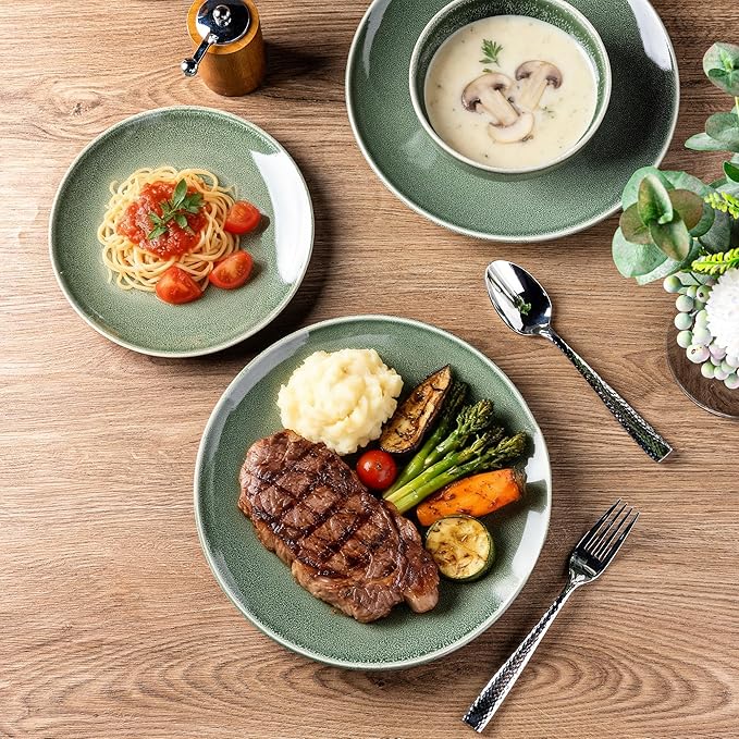 AmorArc Ceramic Dinnerware Sets for 4, 12 Pieces Handpainted Plates and Bowls Set, Scratch Resistant Stoneware Dishes Set, Dishwasher & Microwave Safe, Jade Green