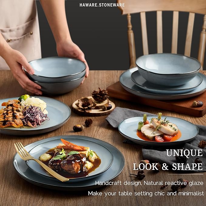 HaWare Dish Set for 4, 12-Piece Stoneware Dinnerware Sets, Round Plates and Bowls Set, Ceramic Dishware for Home Restaurant, Crack and Scratch Resistant, Microwave and Oven Safe, Reactive Foggy Blue
