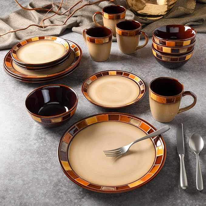 Gibson Casa Estebana 16-Piece Dinnerware Set, Service for 4 – Beige and Brown Stoneware Plates and Bowls