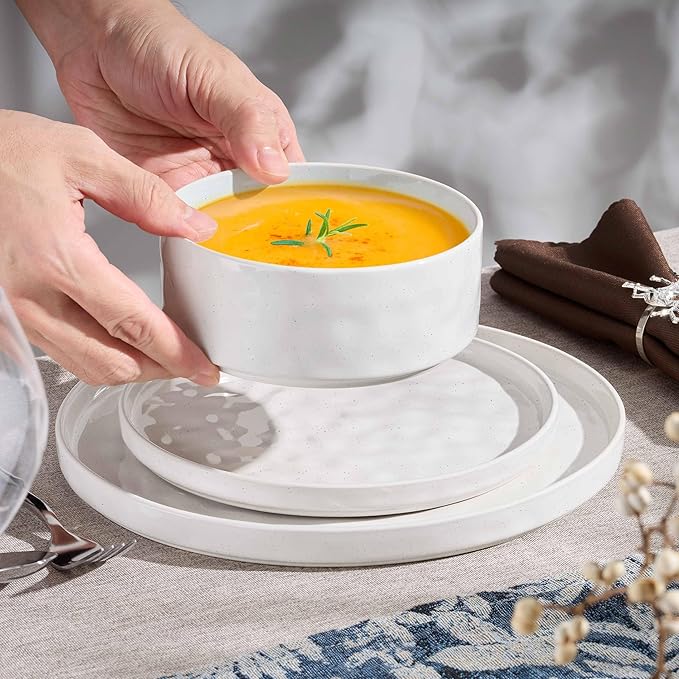Herogo 24 Pieces Dinnerware Sets for 8, Dishes Plates and Bowls Sets for Kitchen, Dinner Stoneware Dishware, Dishwasher & Microwave Safe, Speckled White