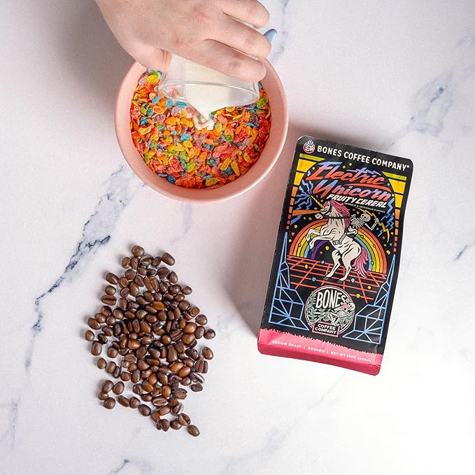 Bones Coffee Company Electric Unicorn, Fruity Cereal With Milk Flavored Coffee, Medium Roast Low Acid Arabica Beans Compatible with Auto drip and French Press Coffee Maker, 12 Oz Ground