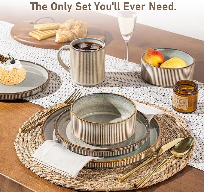 GBHOME Stoneware Dinnerware Sets for 4,Round Reactive Glaze Ceramic Plates and Bowls Set,Highly Scratch Resistant | Dishwasher & Microwave Safe Dishes Set,Service for 4(12Pcs),Green Wheat