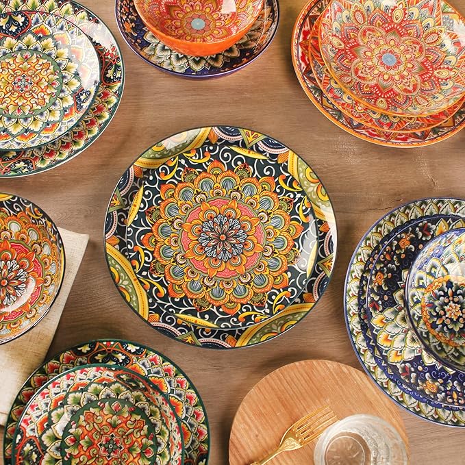 Mandala Dinnerware Sets (16 PCS) Serves for 4, Porcelain Dishes Set, Microwave and Dishwasher Safe, Scratch Resistant, Bohemian Style Dining Ware Service for 4, Colorful No.1