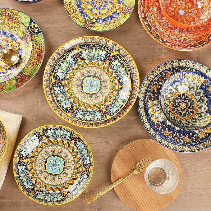 Mandala Dinnerware Sets (16 PCS) Serves for 4, Porcelain Dishes Set, Microwave and Dishwasher Safe, Scratch Resistant, Bohemian Style Dining Ware Service for 4, Colorful No.3