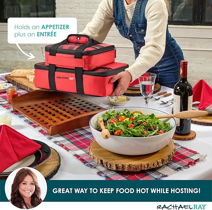 Rachael Ray Lugger Duo, Insulated Casserole Carrier for Hot or Cold Food, Thermal Lasanga Lugger Tote for Potluck, Parties, Picnic, and Cookouts, Fits 9" x 13" Baking Dish, Red Buffalo