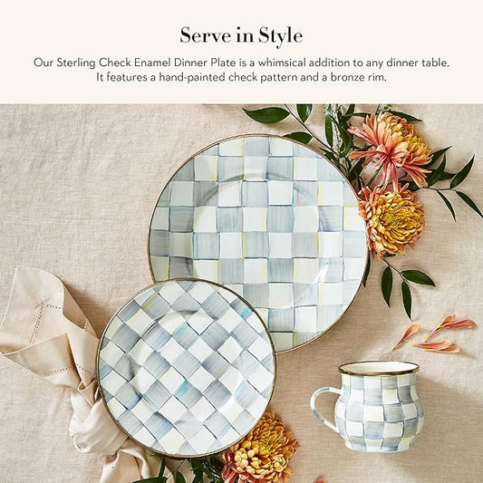 MACKENZIE-CHILDS Enamel Dinner Plate, Decorative Dinnerware Plate, 10 Inches, Set of 4, Gray-and-White Sterling Check