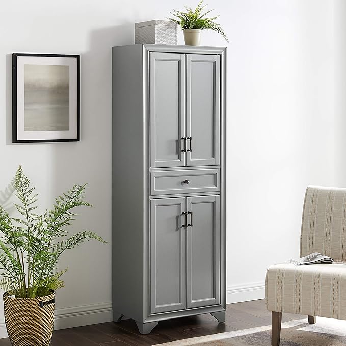 Crosley Furniture Tara Pantry Storage Cabinet with Shelves, Kitchen, Dining, or Laundry Room, Distressed Gray