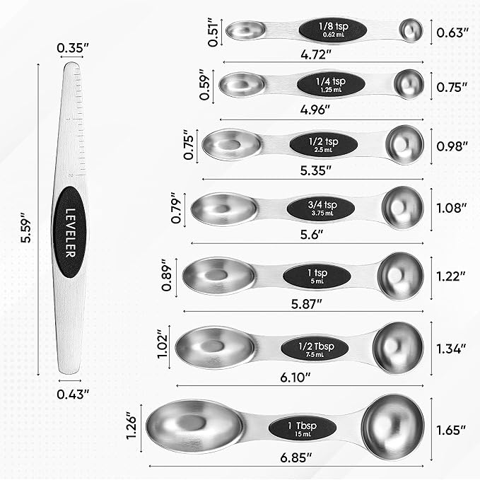 Spring Chef Magnetic Measuring Cups & Spoons Set, Patented, Strong N45 Magnets, Heavy Duty Stainless Steel Fits in Spice Jars for Baking & Cooking, BPA Free, Round Set of 15 with Leveler, Black