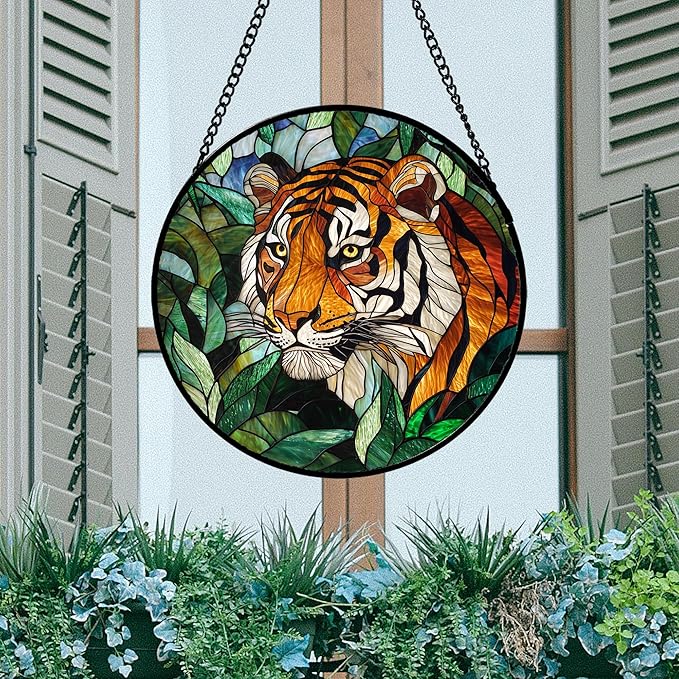 Stained Glass Window Hanging, Fierce Tiger Sun Catcher for Door Home Decor Wild Animals Suncatcher Christmas Mother's Day Birthday Gifts for Women Men Mom and Nana 9.8 in