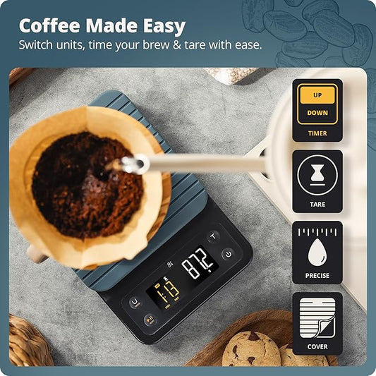 Greater Goods Digital Coffee Scale with Timer – Accurate 0.1g Precision, Multi-Color Display, Waterproof & Heat-Resistant Cover, for Pour-Over, Espresso, French Press, and Kitchen Use (Stone Blue)