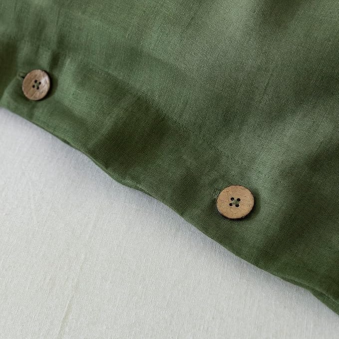 EVERLY 100% Pure Linen Duvet Cover Set California King Size 104X98Inch 3pcs (1 Duvet Cover,2 Pillowcases) Soft and Breathable with Coconut Button Closure,Suitable for Hot Sleepers-Mossy Green