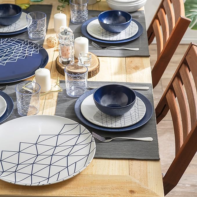 bzyoo 100% Melamine 14 inch Round Platter Dishwasher Safe Food Serving Tray for Casual dining Indoor and Outdoor Dining Party Cocktails (Spidy French Navy)