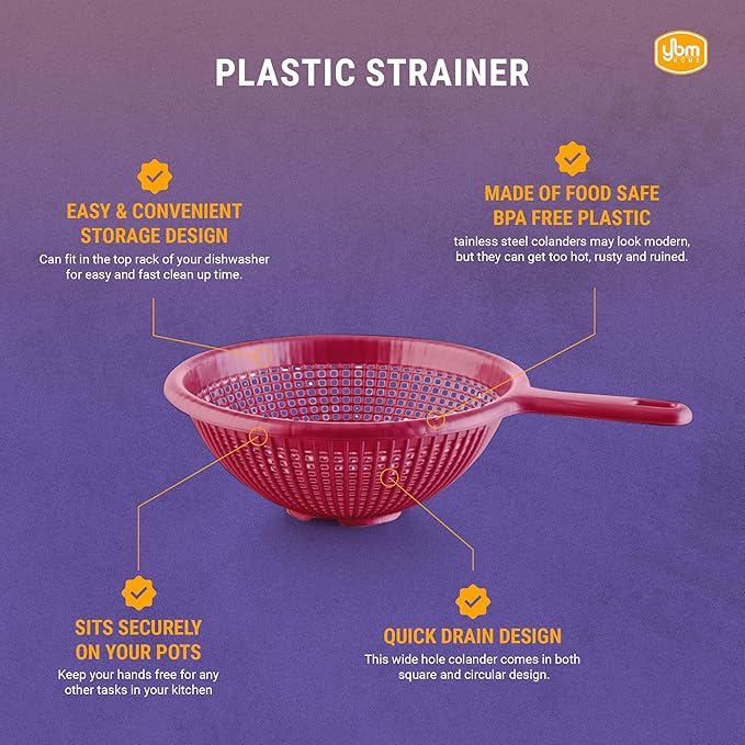 YBM HOME 8.5 Inch Deep Plastic Strainer Colander with Long Handle – Made of Food Safe BPA-Free Plastic - Durable and Dishwasher Safe - Use for Pasta, Noodles, Spaghetti, Vegetables and More (1, Gray)