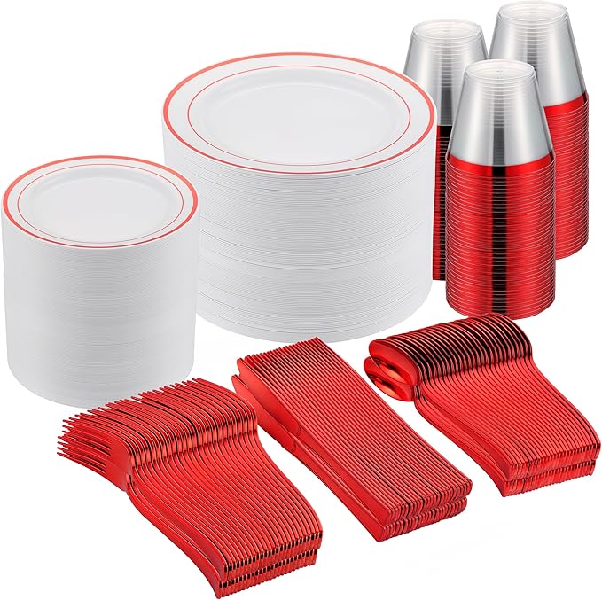 300PCS Christmas Plates Dinnerware, Red Dinnerware Set for 50 Guests, White and Red Christmas Disposable Plates for Party-50 Dinner Platos,Dessert Plates, Silverware Set