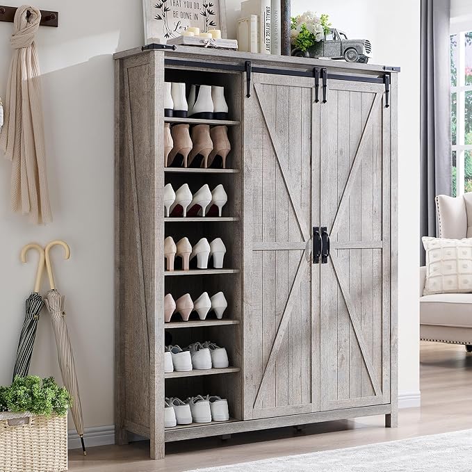 OKD Storage Cabinet with 2 Sliding Door, 7-Tier 62" Tall Farmhouse Entryway Shoe Cabinet, Freestanding Rustic Hidden Shoe Organizer for Entryway, Light Rustic Oak
