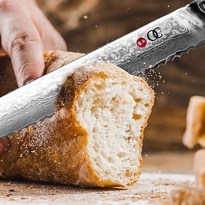 Oxford CHEF Bread Knife 8 inch Serrated Damascus- Japanese- VG10 Super Steel 67 Layer High Carbon Stainless Steel-Razor Sharp, Stain & Corrosion Resistant, & Awesome Edge Retention