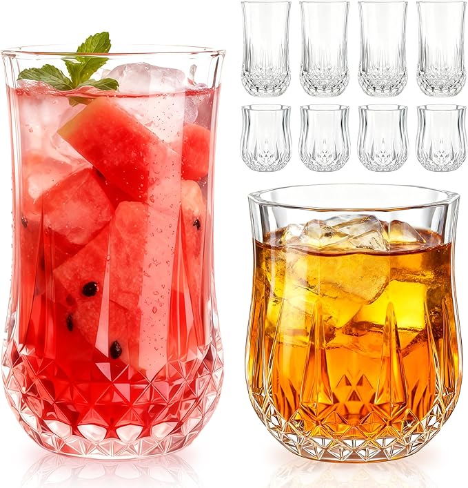 Ruckae Drinking Glasses Set of 8,11 oz and 7 oz Kitchen Water Glass Cups Set,Clear Curvature Glassware Dishwasher Safe,Mixed Drinkware for Beer,Juice,Cocktail,Whiskey,Milk and Various Mixed Drinks
