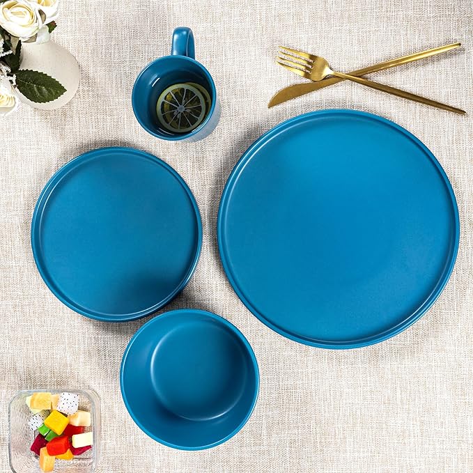 Plates and Bowls Sets for 4 - CJDC-QUELO 16 Piece Stoneware Dinnerware Sets with Mugs, Ceramic Dishware Sets for Kitchen Dining Use, Chip and Scratch Resistant Microwave Dishwasher Safe, Blue