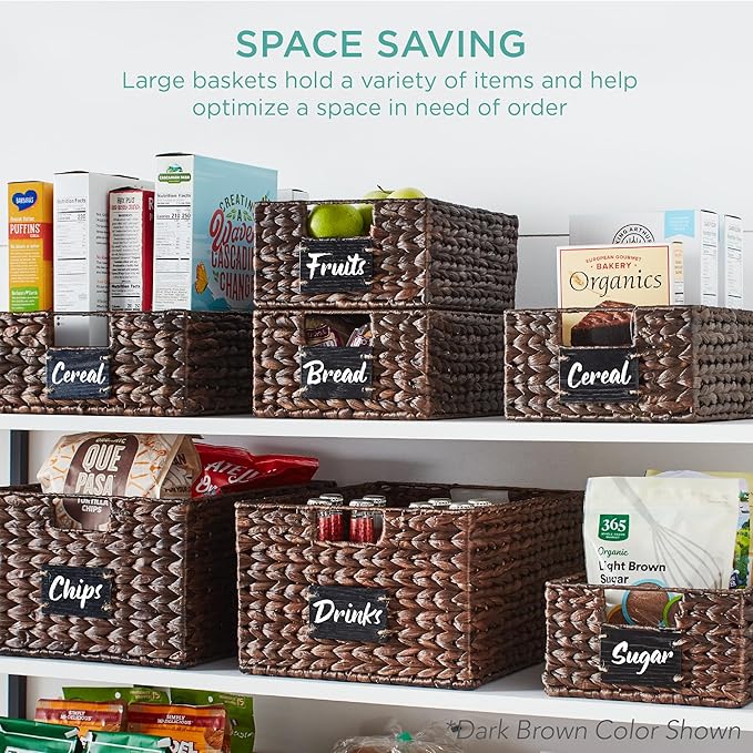 Best Choice Products Set of 4 13x12in Water Hyacinth Pantry Baskets, Woven Organizers w/Chalkboard Label, Chalk Marker - Natural
