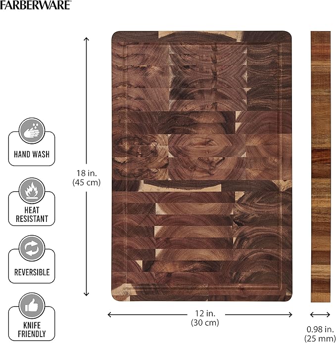 Farberware Thick End Grain Acacia Cutting Board with Juice Groove and Finger Grips, 12x18 Inch