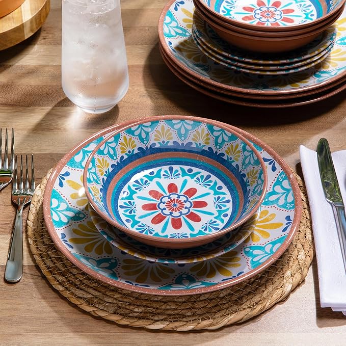 Larder & Vine 12-Piece Melamine Dinnerware Set: Durable, Lightweight, Break-Resistant Plates & Bowls – Stylish, Non-Toxic, Dishwasher Safe – Ideal for Everyday Use, Indoor & Outdoor Dining – Southwest