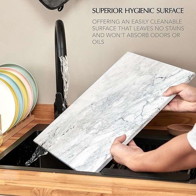 Kitchen Marble Stone Cutting Board - Marble Cutting & Charcuterie Board of 16 x 12 x 0.6 Inches, Non Slip Scratch Resistant Pastry Tray, Rectangular Serving & Chopping Slab for Countertop - White