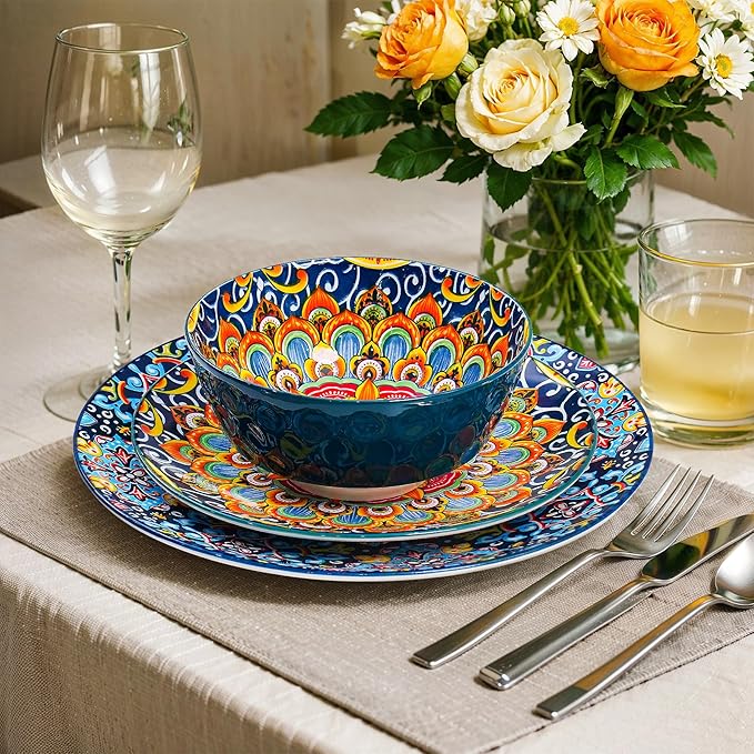 18 Pieces Dinnerware Sets, Porcelain Dishes Set for 6, Microwave and Dishwasher Safe, Scratch Resistant, Bohemian Style Plates and Bowls Set, Service for 6