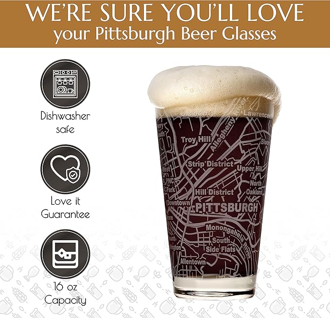 Greenline Goods Beer Glasses - 16 oz Drinkware Set for Pittsburgh lovers - Set of 2 - Etched with Pittsburgh, PA Map - Premium Decorative Glassware