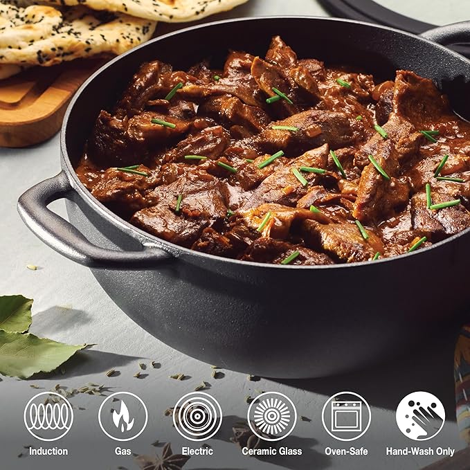 Tramontina Utsava 3.9-Quart Pre-Seasoned Cast Iron Kadai with Lid, Kadhai Pot for Indian Cooking