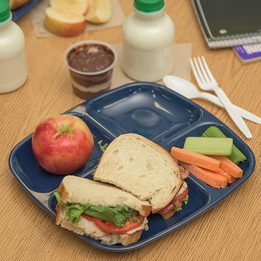 Carlisle FoodService Products Essential Plastic Meal Tray with 4-Compartments for Schools, Cafeterias, and Dining Halls, Melamine, 10.5 x 9.5 Inches, Café Blue