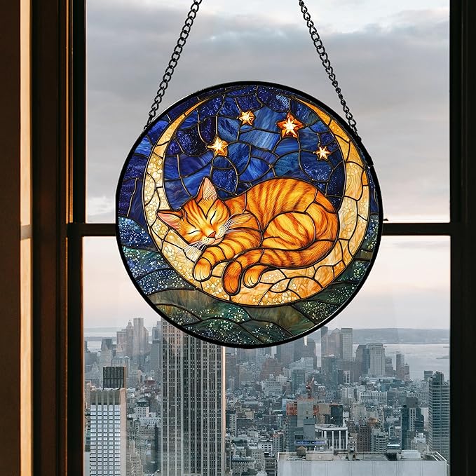 Stained Glass Window Hanging - Orange Moon Sleeping Cat Sun Catcher for Door Home Decor Blue Starry Sky Suncatcher Christmas Mother's Day Birthday Gifts for Women Men Mom Nana 11.8 in