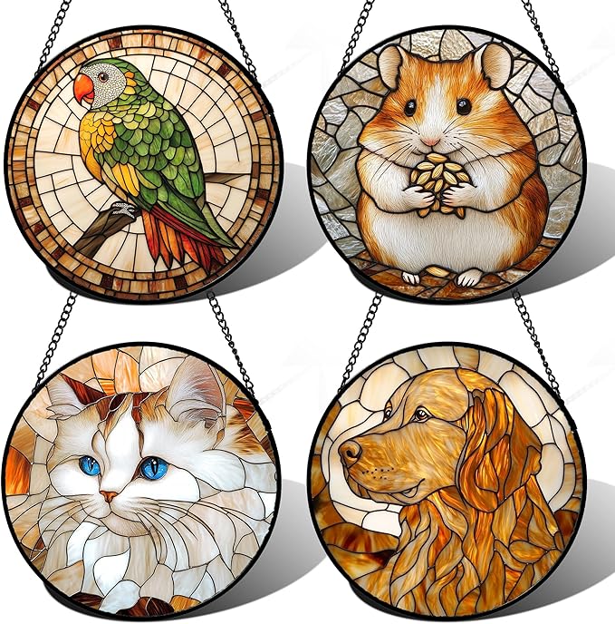 Stained Glass Window Hanging 4 Pcs Set Cute Cat and Dog 7.8" - Animal Suncatcher Door Garden Sun Catcher Decor Birthday Mother's Day for Mom Woman Nana Girl Boy Friend