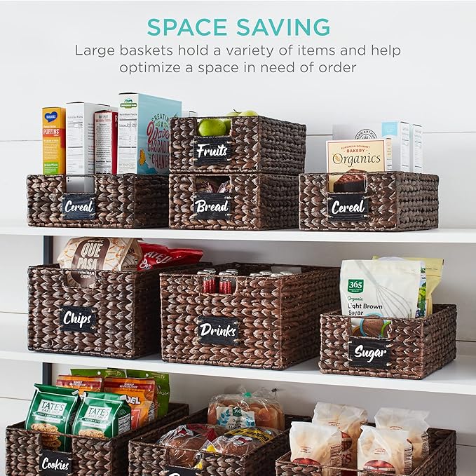 Best Choice Products Set of 4 9x12in Water Hyacinth Pantry Baskets, Woven Organizers w/Chalkboard Label, Chalk Marker - Brown