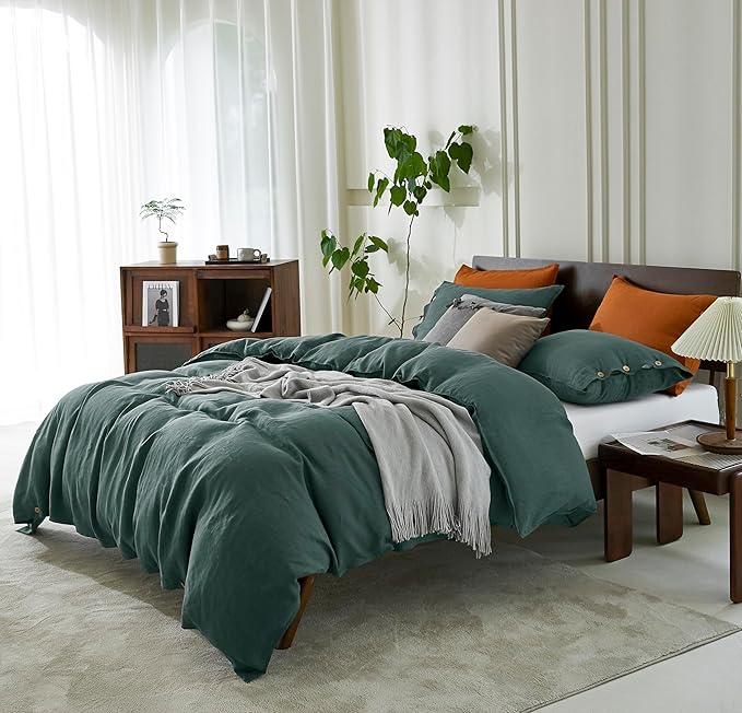 EVERLY 100% Pure Linen Duvet Cover Set Twin Size 68X90Inch 2pcs (1 Duvet Cover,1Pillowcases) Soft and Breathable for All Season with Coconut Button Closure, Suitable for Hot Sleepers-Aqua