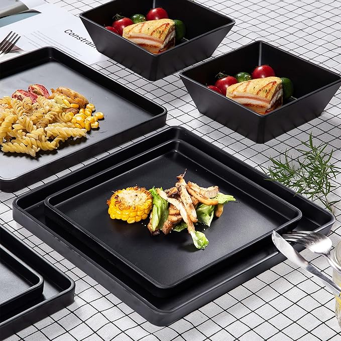 Melamine Dinnerware Sets - 12pcs Square Plates and Bowls Set, Dishes Set, Black