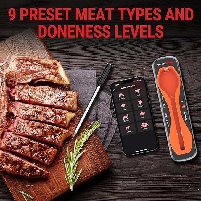 ThermoPro TempSpike 500 ft Wireless Meat Thermometer Digital, Bluetooth Meat Thermometer Wrieless for Beef Lamb Chicken Turkey, Smoker Acccessories for Rotisserie Sous Vide BBQ Oven Air Fryer