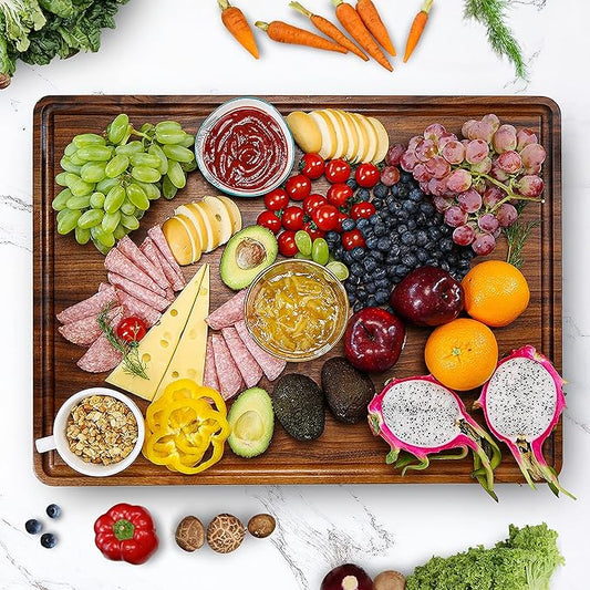 AZRHOM Walnut Wood Cutting Board, 20x15in X Large Wooden Chopping Boards with Deep Juice Groove and Side Handle, Thick Butcher Block for Kitchen Meat Cheese Gift for Wife Mom Gift Box