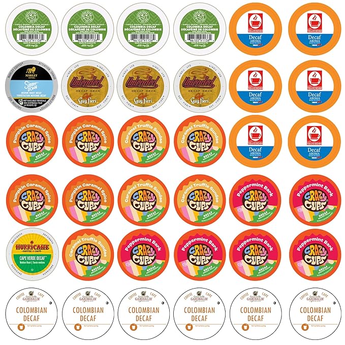 Crazy Cups Decaf Coffee Pods Variety Pack – Flavored & Unflavored Assorted Sampler, 36 Count, Compatible with Keurig K-Cup Brewers