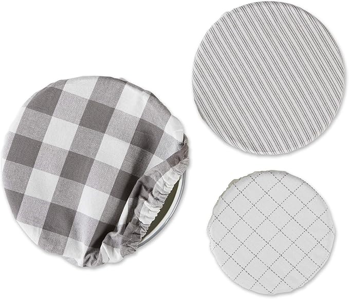 DII Reusable Cloth Bowl Cover Collection Machine Washable, Cotton with Elastic Stretch for Food Storage, 10.25"/8.25"/7.5" Diameter, Farmhouse Plaid, Gray, 3 Piece